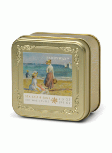 Ароматна соева свещ Падивакс в метална кутия "Импресионист - Реноар: Фигури на плажа"